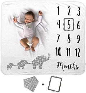 Baby Monthly Milestone Blanket | Includes Bib and Picture Frame | 1 to 12 Months | Premium Extra Soft Fleece | Best Photography Backdrop Photo Prop for Newborn Boy & Girl