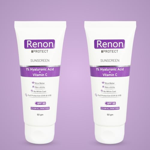 Image of Renon Sunscreen - SPF 50 PA+++ 1% Hyaluronic Aqua Gel Sunscreen|Vitamin C+Rice Water|No white Cast |Non Sticky - 100 gm (Set of 2)
