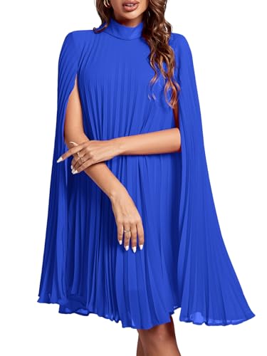 Rooscier Women's Pleated Mock Neck Cloak Sleeve Keyhole Back Flowy Party Midi Dress Plain Royal Blue Small