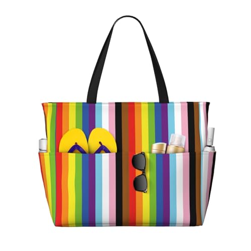 Rainbow LGBT Beach Tote Bag for Women Large Waterproof Travel Bags with Pockets Sandproof Handbag for Gym Vacation