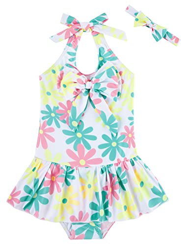 Image of RAISEVERN Toddler Girl One Piece Swimsuit Baby Beach Bathing Suit Swimwear with Bowknot Headband 1-5T