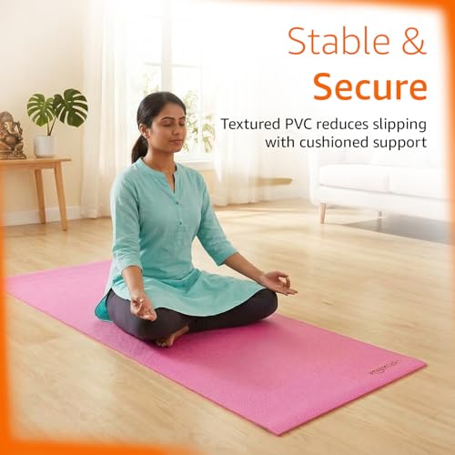 Image of Amazon Basics PVC Yoga & Exercise Mat with Carrying Strap | 6 mm Thick | Non-Slip Textured Surface | Lightweight & Durable | Floor Protection | Ideal for Yoga, Pilates & Workouts | Pink