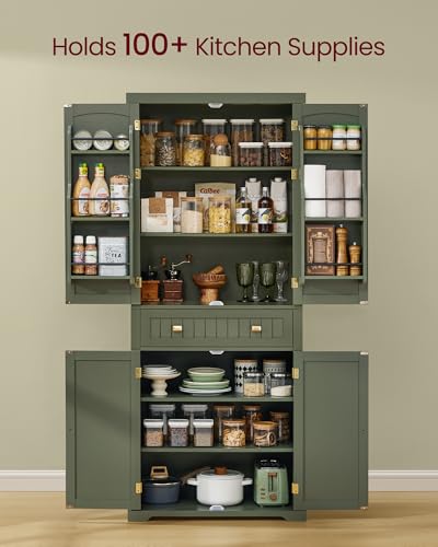 Image of VASAGLE Pantry Cabinet, 15.7 x 30 x 71.7 Inches, Freestanding Tall Cupboard Storage Cabinet with a Drawer, 2 Cabinets, 6 Adjustable Shelves, for Living Room, Kitchen, Forest Green UBBK561C01