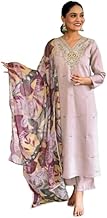 Suppar Sleave Women's Chanderi Silk Fabric 3/4 Sleeves Round-Neck Printed Angrakha Kurta with Pant & Dupatta (Nir)