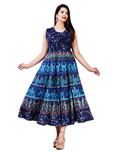 Women's Multicolor Jaipuri Rajasthani Printed Cotton Maxi Frock L...