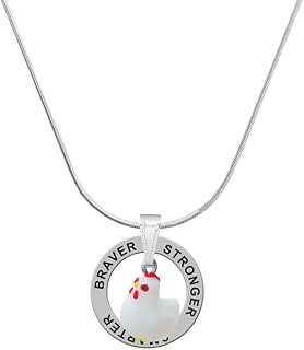 Delight Jewelry Resin White Chicken - Silvertone Stronger Braver Smarter Message Ring Necklace, 18"