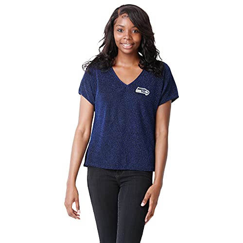 FOCO Seattle Seahawks NFL Womens Game Time Glitter V-Neck T-Shirt - S