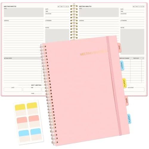 SUNEE Meeting Notebook for Work with Sticky Tabs - 160 Pages, A4 Size Project Planner, Spiral Meeting Agenda/Minutes Notebook Organizer for Women Men, Note Taking, Office & Business, 8.5"x11", Pink