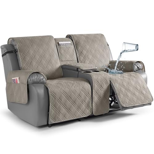 Image of TAOCOCO Loveseat Recliner Cover with Center Console, 100% Waterproof Pet Covers for Dual Recliner with Straps Design, Split Reclining Loveseat Cover Furniture Pet&Kid Protector (2 Seater, Light Brown)