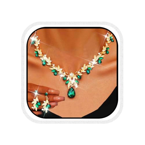 Unicra Rhinestone Bridal Wedding Jewelry Sets Green Necklace Earrings Set Leaf Prom Formal Costume Jewelry Set for Women and Brides (Green)