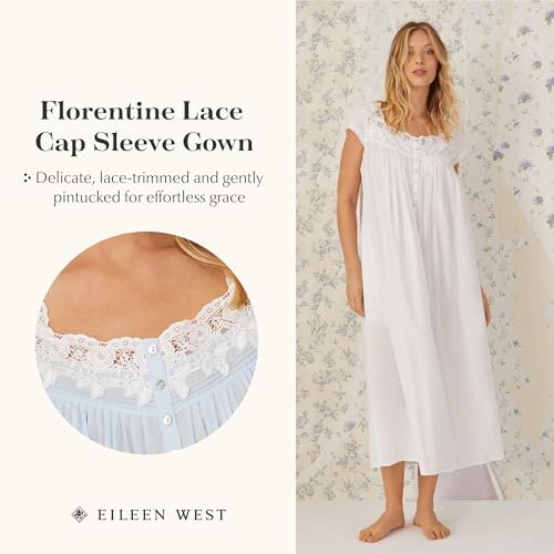 Image of Eileen West Queen Anne's Lace Womens Sleepwear & Loungewear - Florentine Lace Collection - 100% Cotton Soft Long Nightgown