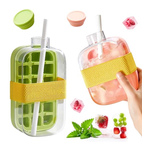 2 PCS Eiswürfel Flasche,Ice Cube Bottle,Eiswürfelbehälter Mit Deckel Und Behälter,Eiswürfelflasche Mit Deckel, 2 In 1 Ice Cube Tray, Water Bottle with Lid and Container (Rosa 500ml+Grün 800ml)
