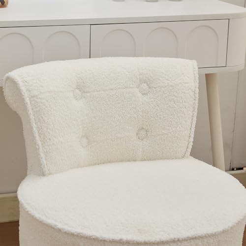 Warmiehomy Dressing Table Stool with Wooden Legs and Tufted Back, White Makeup Vanity Stool for Dressing Table, Dressing Room, Bedroom, Living Room, Teddy Velvet - Image 5