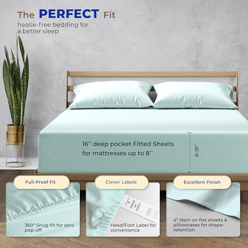 Image of THREAD SPREAD Split King Sheet Set, Luxury 1000 Series Paradise Collection 100% Egyptian Cotton Split King Sheets Sets for Adjustable Bed (5 PC, Sea Foam), Soft, 16 inch Deep Pocket Hotel Sheets