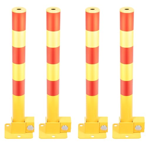 Folding Parking Post - Heavy Duty Spring-Loaded Bollard Barrier, Thickened Steel Reflective Warning Stripes (Red/Yellow) Safety Bollard Post, Driveway Security Ground Lock w/3 Keys & Bolts (4)