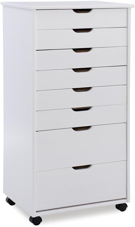 Riverbay Furniture 8-Drawer Wood Storage Cart, White Wash Finish, 20.75"W x 15.35"D x 40.5"H, Solid Pine with Contoured Handles and Casters, Versatile Organizer for Office, Kitchen, or Bedroom Use