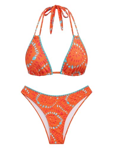 Image of ZAFUL Women Halter Dual Straps Whip Stitch Floral Triangle Bikini Swimsuits