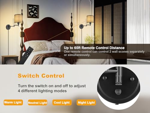 Image of Plug in Wall Sconces with Remote Control, Dimming 10%-100% & Adjustable Colors 2700K-6500K, Hardwire or Plug-in, Swing Arm Wall Lamp with Gray Fabric Shade, Wall Sconces Set of Two, Black Finish