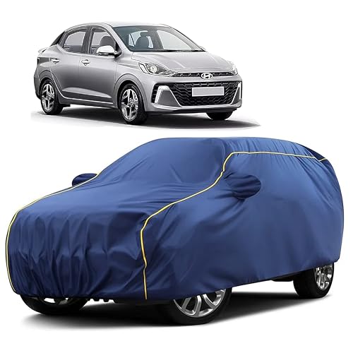Image of Sulfar 100% Water Resistant Car Body Cover Compatible with Mirror for Hyundai Aura (Triple Stitched, Full Bottom Elastic, Blue Taffeta with Yellow Piping)