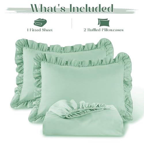 Image of Homiest 2-Pieces Ruffle Pillow Case & Fitted Sheet Set, Sage Green Twin Sheets with Ruffled Pillow Shams, 15 Inch Deep Pocket, Cute & Coquette Microfiber Bed Set for Decorating Bedroom Hotel