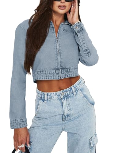 Plnotme Womens Cropped Denim Jackets Casual Long Sleeve Zipper Lapel Collar Crop Jean Jackets thumb #4