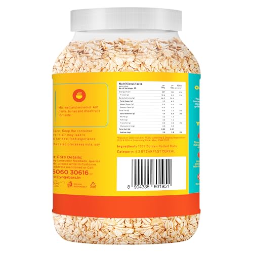 Image of Yogabar 100% Rolled Oats 1 kg Jar | Premium Golden Rolled Oats, Gluten Free with High Fibre, Non GMO | Healthy Food with No Added Sugar | Diet Food for Weight Management