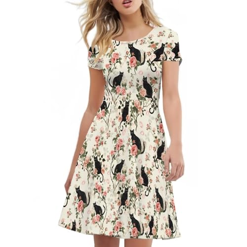 Image of AFPANQZ Womens Casual Summer Lightweight Vintage Dress Short Sleeve Midi Dress Knee-Long Luxury Formal Dress