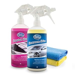 Greased Lightning Bodywork & Windows Twin Pack – Showroom Shine 1L Waterless Wash and Wax & Crystal Clear 1L Glass & Mirror Cleaner Plus 2 Microfibre Cloths Pack
