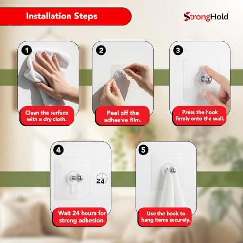 Image of StrongHold Self Adhesive Screw Hooks for Wall Without Drilling - 10 Pcs Heavy Duty Transparent Wall Hanging Hooks, Nail Free Stainless Steel Hooks for Frames & Wall Decor