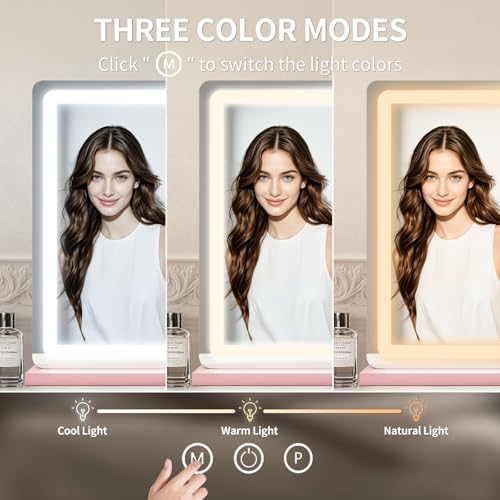 Image of ROLOVE Pink Makeup Mirror with Lights, 23x18 Inch - 3 Color Modes, Dimmable LED Light up Mirror with 10X Magnification - Pink Vanity Mirror Wall&Tabletop Mount for Teen Girls