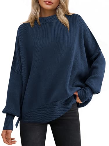 Image of ANRABESS Women Oversized Sweaters Batwing Long Sleeve 2026 Fall Outfits Crewneck Casual Knit Side Slit Fashion Pullover Top