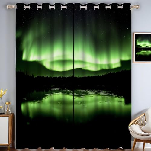 ZISTRCBAO Cortinas Opacas con Auroras BorealesPara Dormitorio, 2 Paneles 68.5x99cmEstilo Naturalista Cortinas con Ojales para Sala De Estar, Termicas Dormitorio Juvenil Infantil Habitacion, Verde