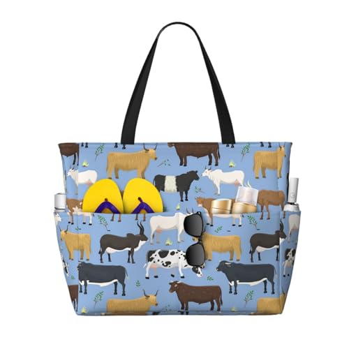 Sac de plage taureaux et vaches grand format fourre-tout pour femme