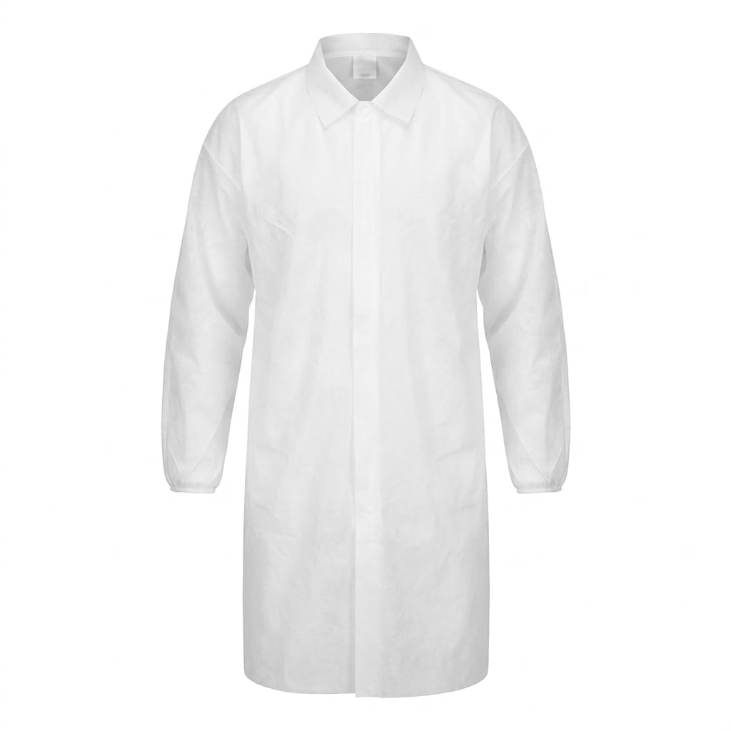50 Batas Desechables PP 55g Blanco Talla XL con Manga Larga y Cuello Camisa, Sin Bolsillo, Polipropileno No Tejido, Libre de Látex, Uso Hospitalario, Laboratorio e Industria