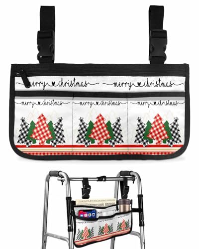 Anzona Merry Christmas Wheelchair Side Bag Walker Bag, Rustic Xmas Trees Red Plaid Wheelchair Accessories Armrest Pouch, Organizer Storage Bag for Walkers, Rollators, Scooters, 7.3''x13''