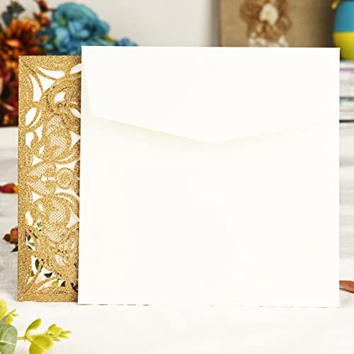 Jofanza 50Pcs 6.3 X 6.3 Inch Laser Cut Wedding Invitation Cards With Envelopes Gold Glitter Lace Invitation Cards For Quinceañera Birthday Bridal Shower Graduation Party Invites (Gold Glitter) #TOP2