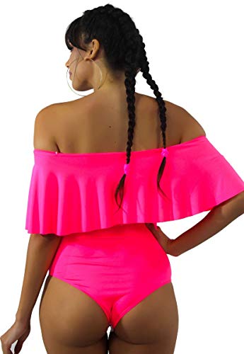 Maiô Body Neon Ombro a Ombro com Babado Rosa