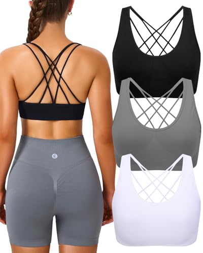 Image of Women's Cross Back Sport Bras, Seamless Padded Strappy High Support Yoga