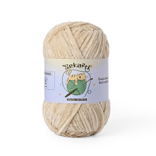 Image of Fuzzy Chenille Yarn for Crocheting, Fluffy Amigurumi Crochet Yarn for DIY Craft /Hat /Shoes, (100g /197yds) Soft Velvet Baby Blanket Yarns(Beige)