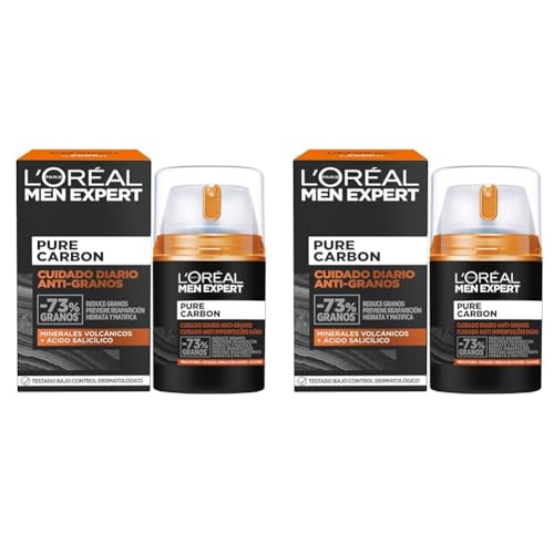 L'Oréal Paris Men Expert Crema Cuidado Diario Anti-Granos Pure Carbon, Reduce Imperfecciones, Hidrata y Matifica el Rostro, Con Minerales Volcánicos y Ácido Salicílico, 50 ml (Paquete de 2)