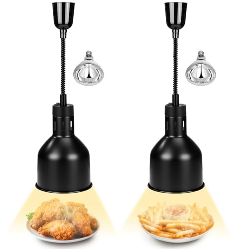 Nuanchu 2 Pack Food Heat Lamps 110v 250w Food Warmer Light Retractable Hanging Heat Lamp for Buffet Restaurant Catering Kitchen Dia 17.5cm Shade Black
