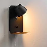 Casamoon Modern LED Plug in Wall Sconces, Wall Light Fixtures with USB Charging Port and Shelf, 2800K, 6W, 600lm, Rotatable Reading Wall Lamp for Bedroom, Living Room, Black