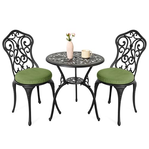 Image of NUU GARDEN Patio 3-Piece Bistro Set with Cushions, Patio Chairs and Outdoor Round Table with Umbrella Hole, Cast Aluminum Patio Set for Lawn, Garden, Porch, Poolside, Black