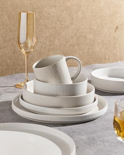 Image of Famiware Star Dinnerware Set with Mugs, Service for 4 (16pcs), Ribbed Stoneware Plates and Bowls Dishes Sets - Chip & Scratch Resistant, Microwave & Dishwasher Safe, Matte White