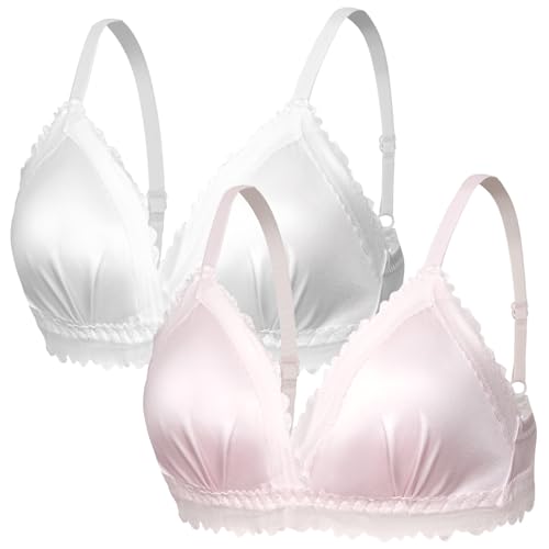 Image of SEAUR Girls Seamless Padded Bras V Neck Push Up Soft Bra Women Shiny Satin Bra Ladies Bralette with Adjustable Straps Pink/White