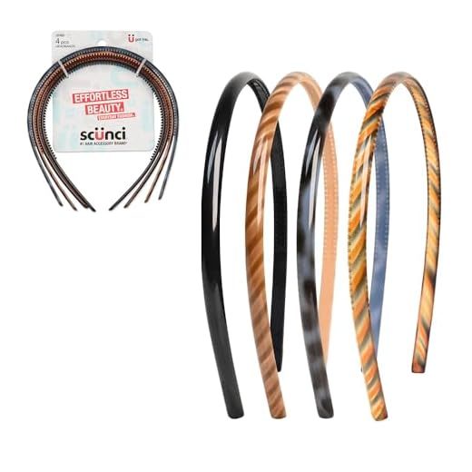 Scunci Bandanas de plástico skinny da Conair Effortless Beauty para mulheres e homens, faixas de cabelo em plástico durável, pacote com 4, cores neutras