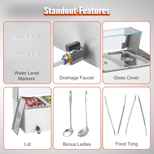 VEVOR kommerzieller Speisenwärmer mit 6 Behältern (je 5 Qt / 1/3 Größe), elektrischer Dampftisch mit Glasabdeckung, 1500 W Arbeitsplatte Edelstahl, Buffet-Bain-Marie, 30–85 °C Temperaturregelung – Bild 7