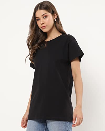 Image of Bewakoof Women's Solid 100% Cotton T-Shirt - Boyfriend Fit, Round Neck, Half Sleeves