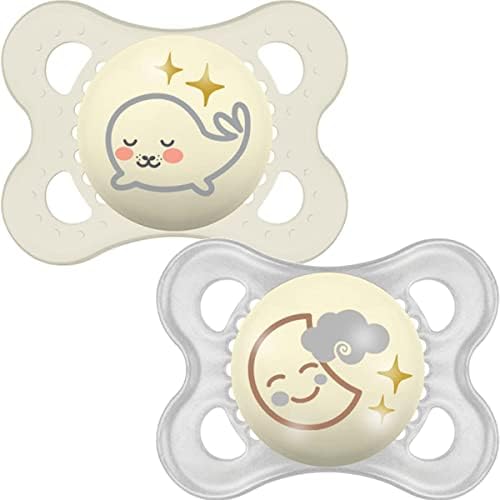 MAM Night Soothers 0-6 Months (Pack of 2), Glow in the Dark Baby Soothers with Self Sterilising Travel Case, Newborn Essentials, Pink/White, (Designs May Vary)