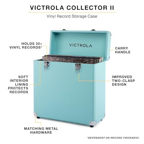 Image of Victrola Collector II - Vinyl Record Storage Case, Holds 30+ LPs - Pink | Vinyl record storage case, holds 30+ 12 inch LPs or 15+ gatefolds, two latching clasps, carry handle, soft-lined interior